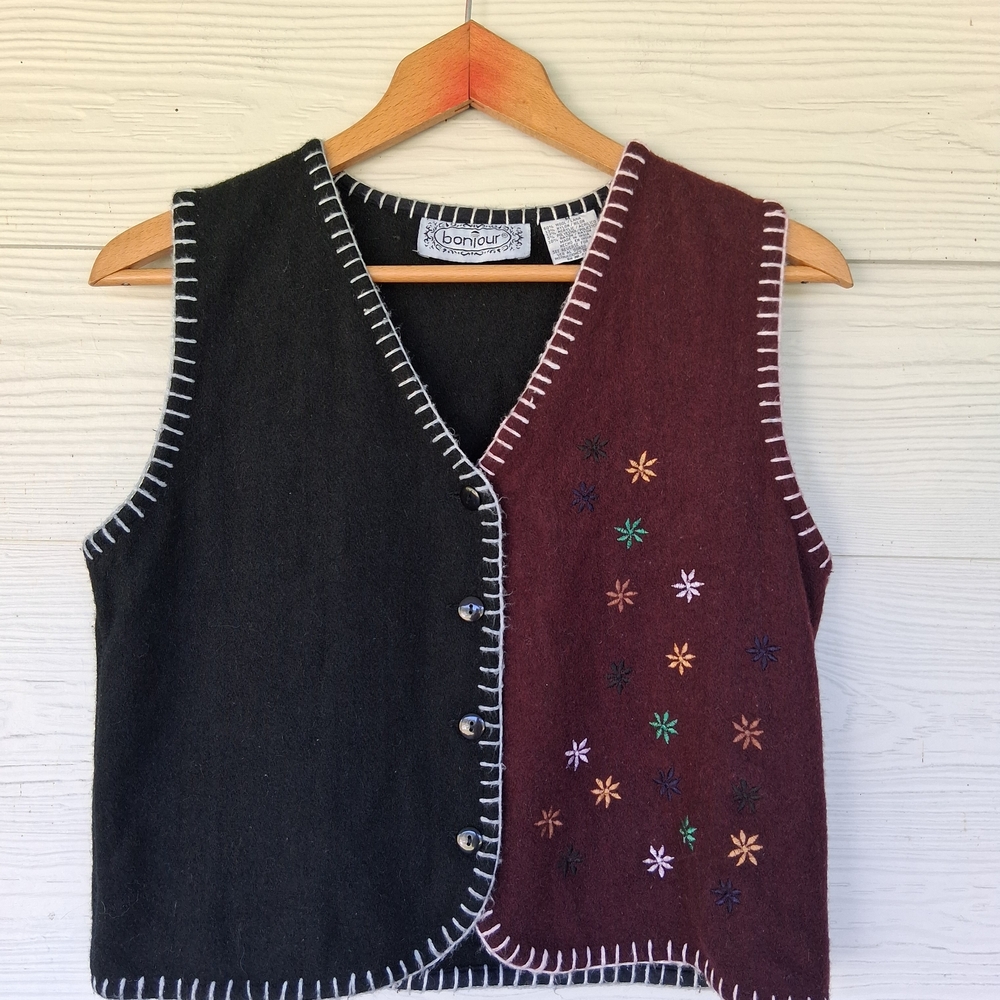Vintage Women's Vest Wool Blend Floral Embroidery Sz Medium Bonjour Cottage Core